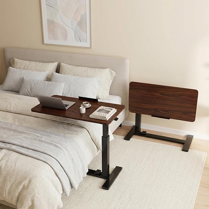 Adjustable Overbed Bedside Table with Hidden Wheels, Mobile Standing Desk with Pneumatic Lift, Portable Computer Workstation Cart for Bed, Couch, Office, Sofa, Brown