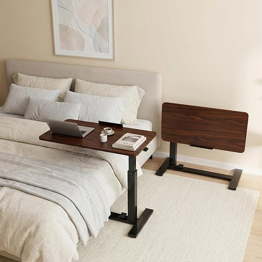DUMOS Standing Desk on Wheels Height Adjustable Computer Cart with Pneumatic Lift, Rolling Table, Portable Workstation for Bed, Sofa, Hospital or Office Brown