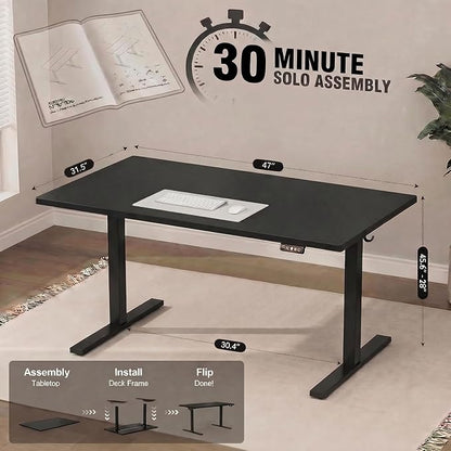 Grandder 47x32 Large Electric Standing Desk, Height Adjustable Computer Desk with 2 Memory Presets, 31.5" Deep Desktop Sit Stand Desk Home Office Desk Workstation Table with Hooks, Black