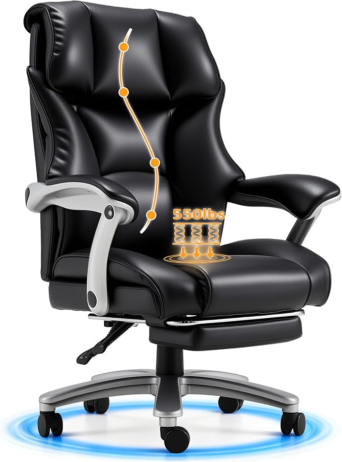 HOMREST Big and Tall Heavy Duty Office Chair 550LBS, Ergonomic Leather Executive Chair with 155° Recline, Large Back Pocket &Footrest, Computer Desk Chair for Heavy People, Black