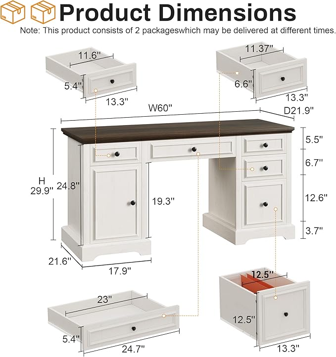 Vipbear 60" Farmhouse Executive Desk with Drawers and Cabinet, Embossed Texture Wood Home Office Desk, Rustic Computer Writing Desk, Workspace for Work Study Writing, White
