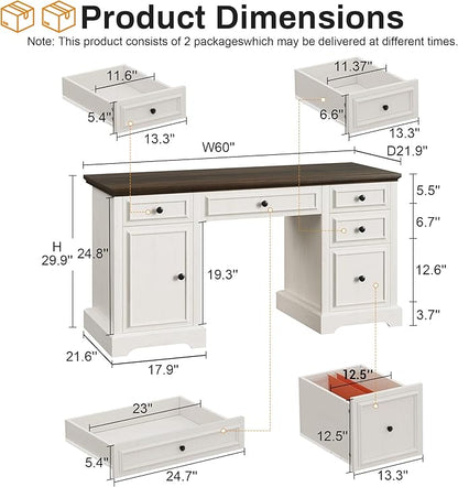 Vipbear 60" Farmhouse Executive Desk with Drawers and Cabinet, Embossed Texture Wood Home Office Desk, Rustic Computer Writing Desk, Workspace for Work Study Writing, White