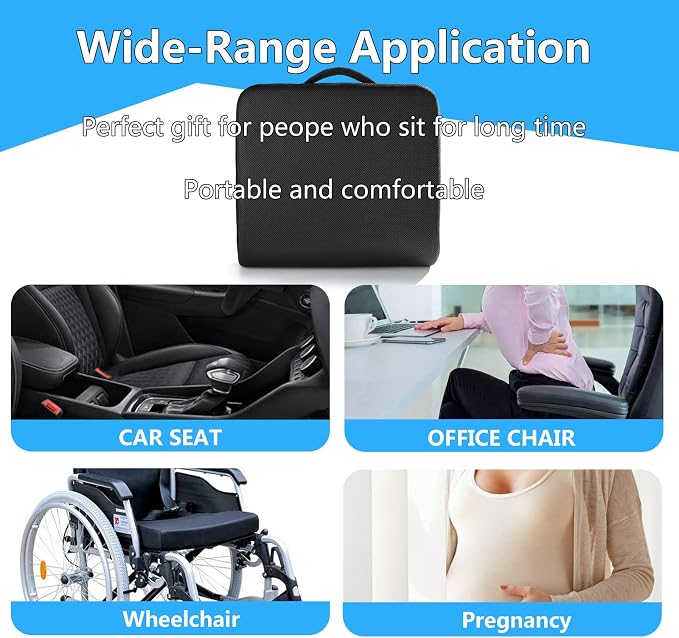 YOUFI Extra Thick Large Seat Cushion -19 X 17.5 X 4 Inch Gel Memory Foam Cushion with Carry Handle Non Slip Bottom - Pain Relief Coccyx Cushion for Wheelchair Office Chair (Black (1PACK))
