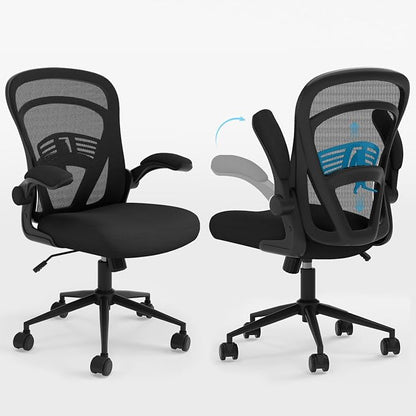 Ollega Computer Desk Chair with Wheels, Mesh Office Chair with Flip Up Arms, Adjustable Lumbar Support, Swivel Desk Chair Comfy, Black