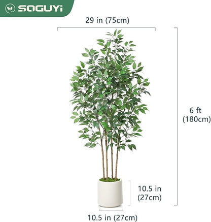 SOGUYI Ficus Artificial Tree 6ft Fake Silk Plant for Home Decor Indoor, Faux Floor Tree in White Imitation Ceramic Planter with Green Fake Moss for Home Office Corner Indoor Decor, Set of 1