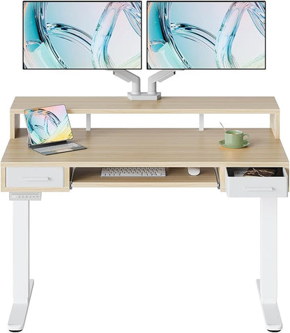 HUANUO 48″ x 26″ Electric Standing Desk with 2 Drawers &24.4″ Large Keyboard Tray, C-Clamp Mount Compatible, Adjustable Computer Desk for Office, Sit Stand Up Desk with 4 Height Presets, Light Walnut