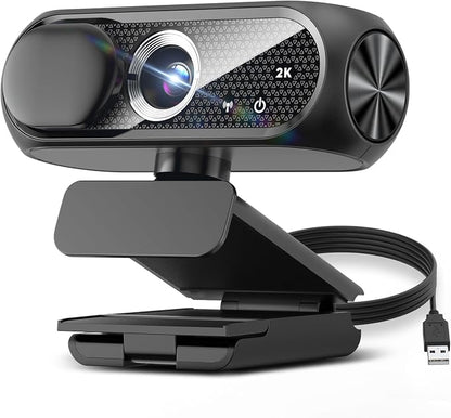 2K Webcam with Microphone, Noise Cancellation, Privacy Cover, Wide-Angle Lens, Auto Light Correction, Plug & Play USB Webcam for Laptop, Desktop, PC, Mac, Zoom, Skype, Streaming (Black)