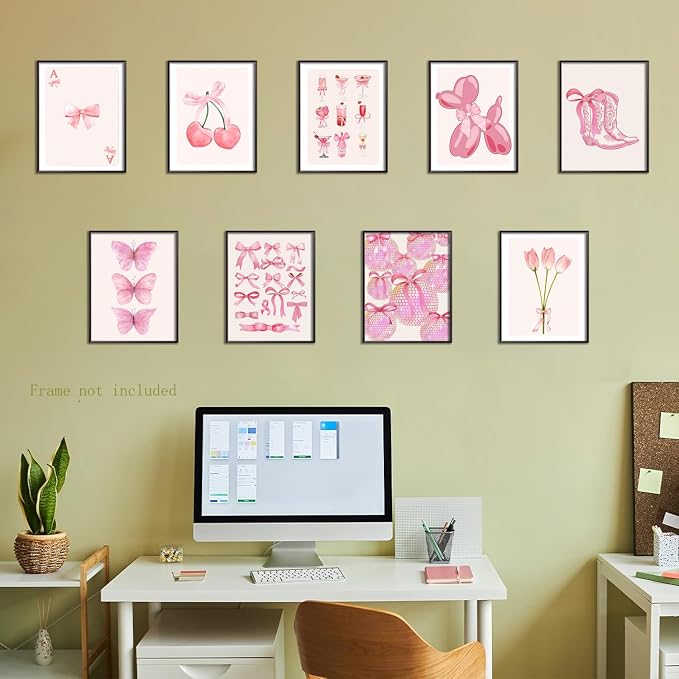 Ucninvd Pink Bow Wall Art Posters Set of 9 Trendy Coquette Preppy Wall Decor Paintings Disco Ball Girly Room Decor Aesthetic Canvas Pictures Prints for Bathroom Living Room Dorm 8x10Inch Unframed