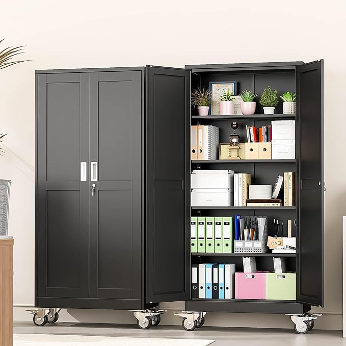 pozdeg 71" Metal Garage Storage Cabinets with Wheels, Lockable Rolling File Cabinets with 2 Doors and 4 Adjustable Shelves, Steel Tool Organizer Locker for Office Home Garage Gym School, Black