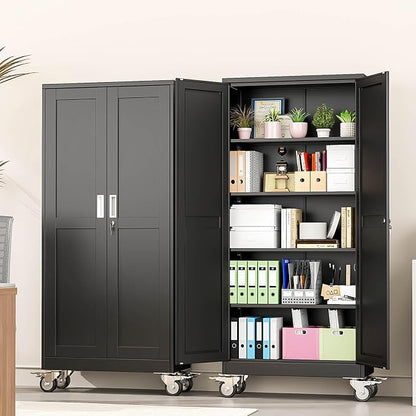 pozdeg 71" Metal Garage Storage Cabinets with Wheels, Lockable Rolling File Cabinets with 2 Doors and 4 Adjustable Shelves, Steel Tool Organizer Locker for Office Home Garage Gym School, Black