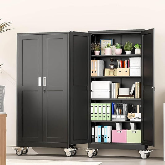 pozdeg 71" Metal Garage Storage Cabinets with Wheels, Lockable Rolling File Cabinets with 2 Doors and 4 Adjustable Shelves, Steel Tool Organizer Locker for Office Home Garage Gym School, Black