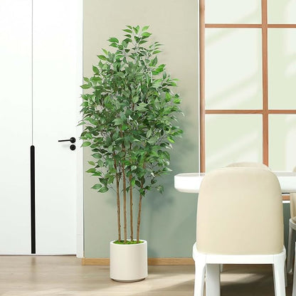 SOGUYI Ficus Artificial Tree 6ft Fake Silk Plant for Home Decor Indoor, Faux Floor Tree in White Imitation Ceramic Planter with Green Fake Moss for Home Office Corner Indoor Decor, Set of 1