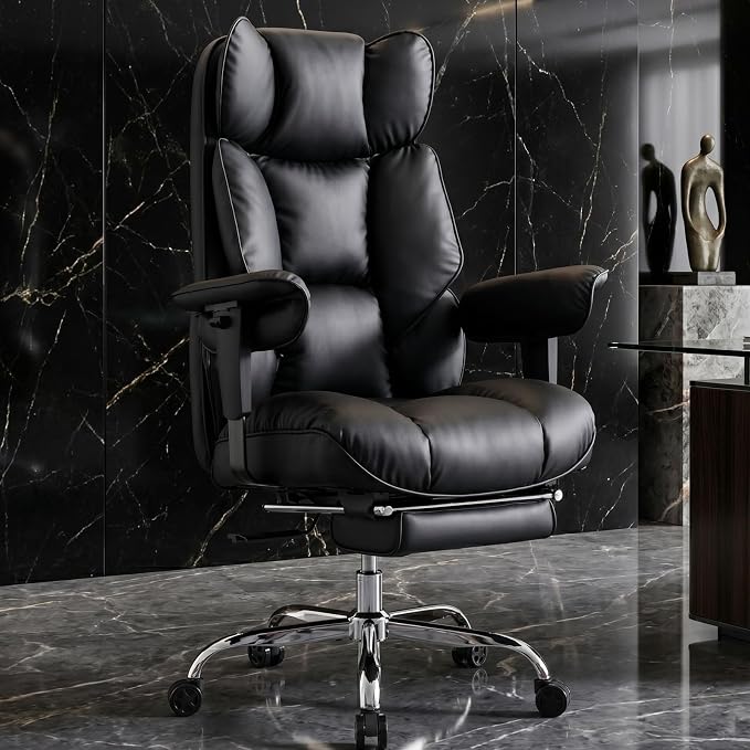 Efomao Executive Office Chair 400lbs, Black Big and Tall Desk Chair | Mattress-grade pocket spring cushion, sleek leather, 135° recline & footrest for computer gaming setup.