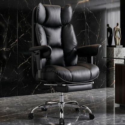 Efomao Executive Office Chair 400lbs, Black Big and Tall Desk Chair | Mattress-grade pocket spring cushion, sleek leather, 135° recline & footrest for computer gaming setup.