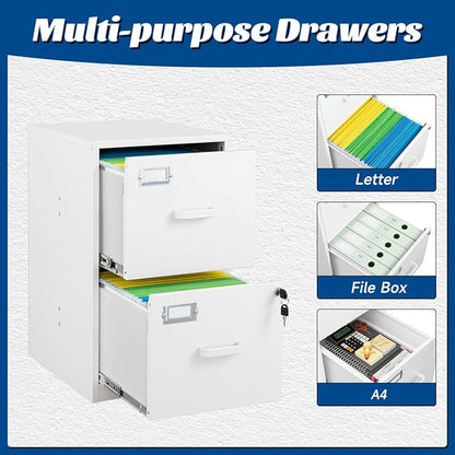 Fesbos 2 Drawers File Cabinet White Metal Vertical Filing Cabinets Metal Lockable Storage Cabinets with Lock for Home Office to Hanging Files