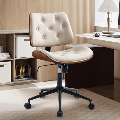 BV Armless Desk Chair with Wheels, 360 Swivel Home Office Chair No Arms, Height Adjustable Task Chair for Small Space, PU Leather Office Chair, Rolling Chair for Reading Room, Conference Room, Beige