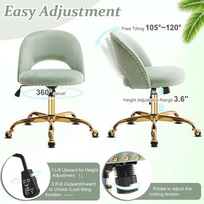 VINGLI Modern Velvet Small Office Chair,Cute Desk Chair with Wheels,Gold Base/Studs, Comfy Armless Swivel Vanity Task Chair for Women/Girl/Kids, Nail Tech Chair for Bedroom,Small Space,Mint Green