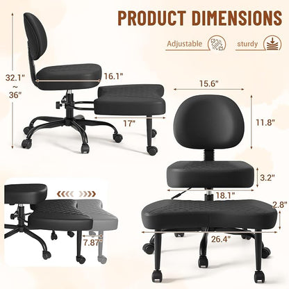Homall Ergonomic Cross Legged Office Desk Chair with Wheels, 360° Swivel and Adjustable Height for Meditation and ADHD,Criss Cross Kneeling Chair with Lumbar Support (Leather, Black)