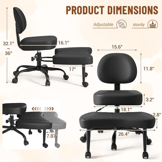 Homall Ergonomic Cross Legged Office Desk Chair with Wheels, 360° Swivel and Adjustable Height for Meditation and ADHD,Criss Cross Kneeling Chair with Lumbar Support (Leather, Black)