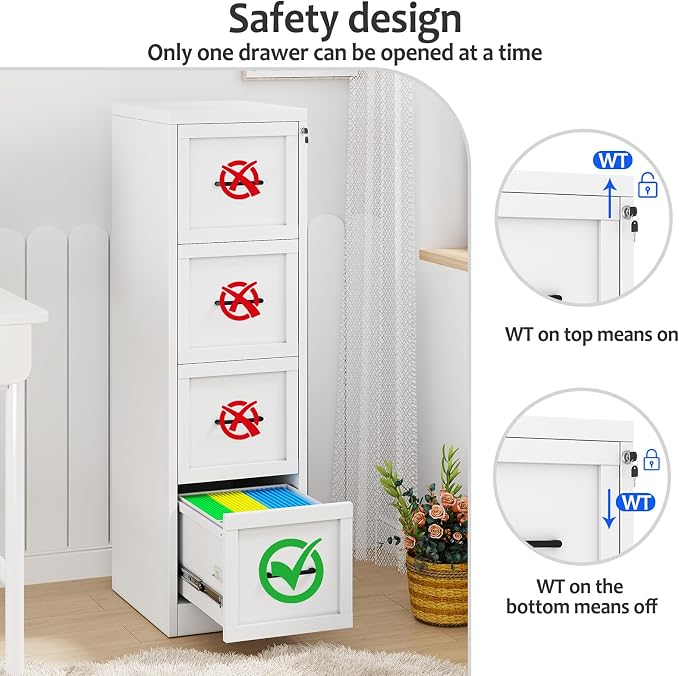 Small Metal 4-Drawer File Cabinet, Under-Desk Filing Cabinet, White | Locking, Adjustable Hanging Rail, Fit A4, FC, Letter, Hanging File Folders for Home Office Storage Organization, 2PS