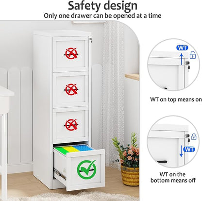 Small Metal 4-Drawer File Cabinet, Under-Desk Filing Cabinet, White | Locking, Adjustable Hanging Rail, Fit A4, FC, Letter, Hanging File Folders for Home Office Storage Organization, 2PS