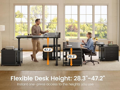 SEDETA L Shaped Electric Standing Desk with 7 Drawers, 63"×55.1" Height Adjustable Stand Up Desk with Power Outlets, 28.3"-47.2" Sit Stand Desk with Storage Shelves, 3 Memory Presets, Black