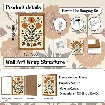 Framed Vintage Mexican Floral Wall Art, Boho Flower Pictures Wall Decor, Folk Marigolds Botanical Paintings Canvas Prints Rustic Home Decor for Living Room Bedroom 12x16 inch