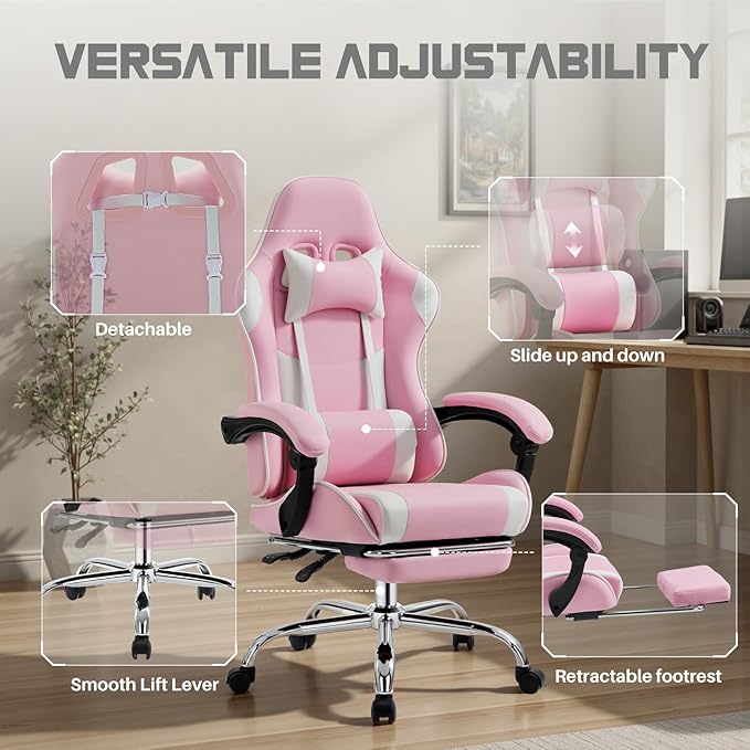 NEWBULIG Gaming Chair with Footrest – Ergonomic High-Back with Lumbar & Headrest Support, Comfy PU Leather Recliner with Linkage Armrests, Adjustable Height, 360° Swivel, Pink