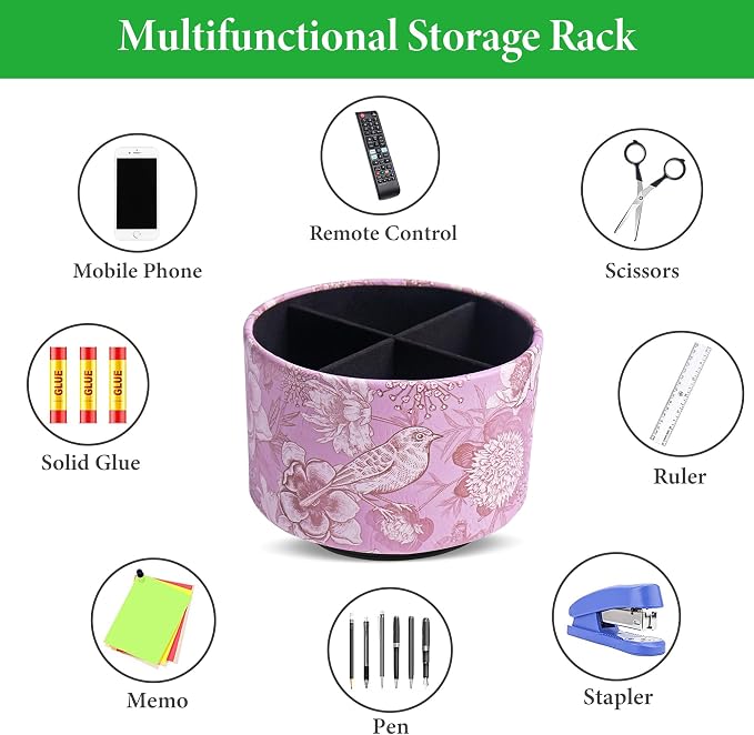 Round Leather Art Supply Organizer,Remote Control Holder,360 Degree Spinning,Multi-Functional Pencil Holder,4 Compartments Desktop Stationary Organizer(1-Purple Bird)