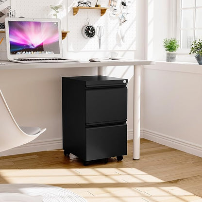 2 Drawer Locking Under Desk Metal Storage Cabinet on Wheels for Legal/Letter/A4 Files (Fully Assembled, Black)