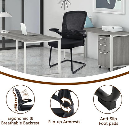 CLATINA Office Guest Chair no Wheels with Lumbar Support and Flip-up Armrest Mid Back Mesh Space Air Grid Series Sled Base for Reception Conference Room Black Set of 4