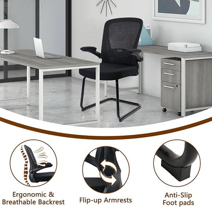 CLATINA Office Guest Chair no Wheels, Ergonomic Mesh Desk Chair Adjustable Lumbar Support and Flip Up Arms, Sled Base for Office Guest & Reception Chairs for Conference Room,Black (2PK)