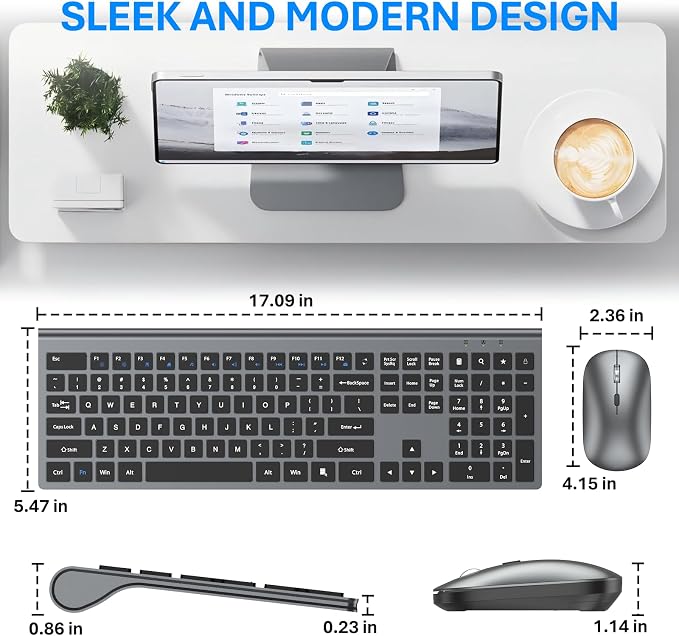 Wireless Keyboard and Mouse Combo, Full Size Keyboard and Mouse, Long Battery Life, Optical Mouse, 2.4G Lag-Free Cordless Mice Keyboard Set Ultra Slim Design for Computer, Laptop, PC, Mac (Gray Black)