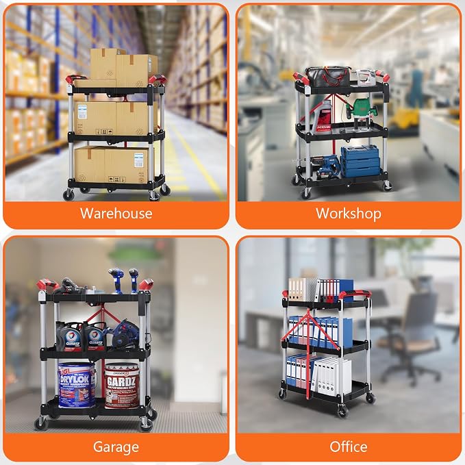 Foldable Utility Service Cart, 3 Tier Folding Service Cart Collapsible with 360° Swivel Wheels, 200 LBS Heavy Duty Plastic Rolling Tool Cart Portable for Warehouse Garage Workshop Office
