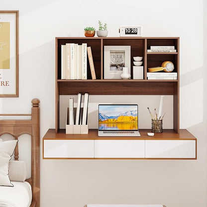 GOFLAME 4 Cubes Desktop Bookshelf, 37” Tabletop Wood Desk Shelf for Computer Monitor, Modern Countertop Desk Display Hutch Storage Organizer Shelf for Home Office, Dorm, Study, Walnut