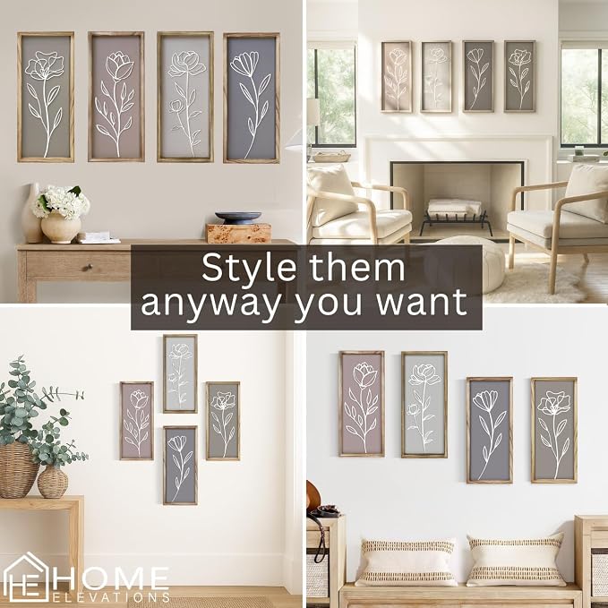 3D Floral Bathroom Wall Decor, Set of 4 Wooden Framed Home Decor | Boho Botanical Wall Hanging Art, Modern Farmhouse Style, Bedroom, Living Room, Kitchen, Office Accent, Housewarming Gift
