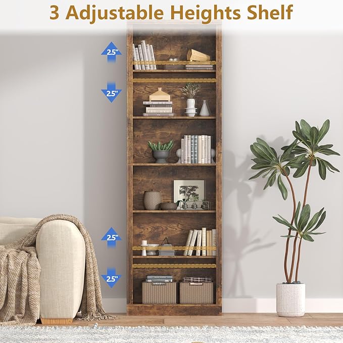 Thacuok 75" Tall Bookshelf Set of 2, 6 Tier Bookshelf with Adjustable Shelves, Bookcase with Anti-Tipping Device, Floor Standing Modern Display Rack,Book Shelf for Living Room, Bedroom, Office, Brown
