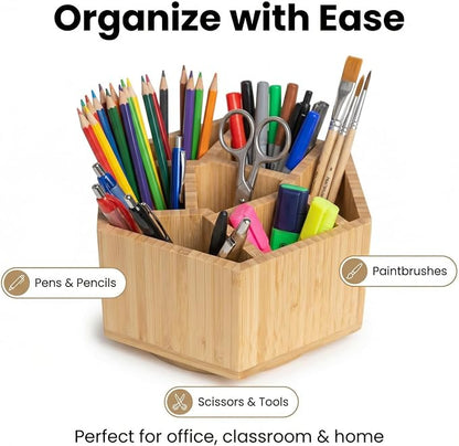 360° Rotating Bamboo Desk Organizer Hexagon Art Supply Holder Office Storage for Colored Pencils, Crayons, Paint Brushes, and Makeup Cosmetics