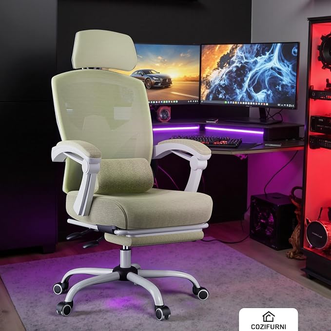 DUMOS Office Desk Computer Chair with Footrest, Ergonomic Mesh Swivel Gaming Chair with Rolling Wheels, Comfortable Headrest, Lumbar Support, Comfy for Home, Office, Task, Student, Elegant Green