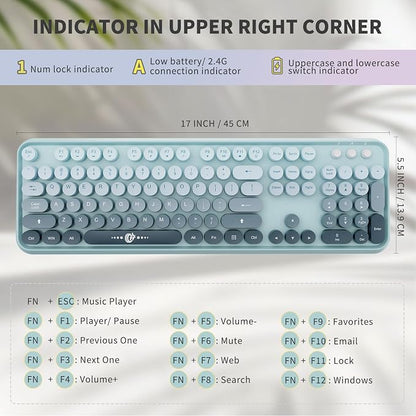 Wireless Keyboard and Mouse Combo Cute Colorful Keyboard and Mouse, Retro Typewriter Keyboard with 2.4GHz Plug & Play, for Windows 11/10/7, Laptop, PC (Blue)