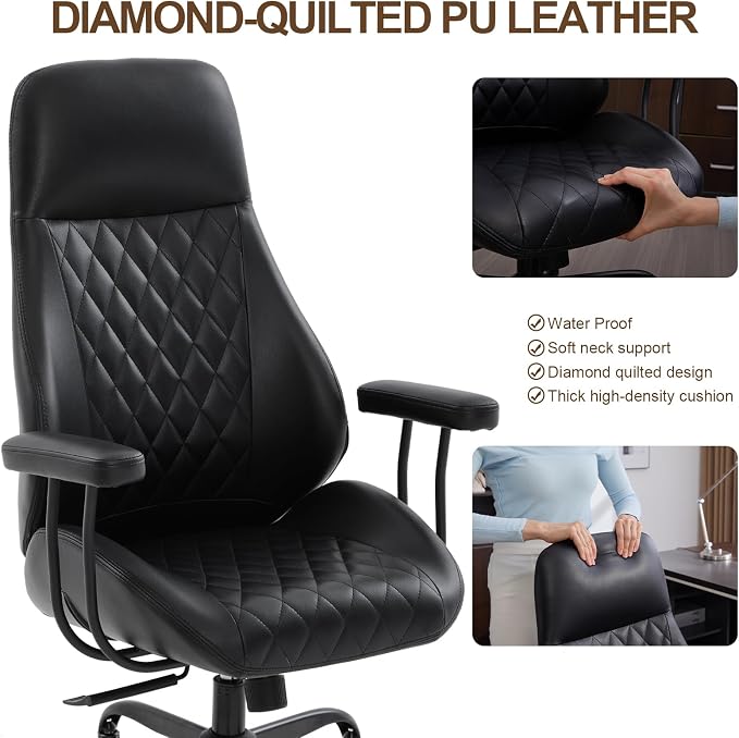 Office Chair with Rubber Wheels, Ergonomic Computer Chair 500 lbs, Leather Desk Chair with Lumbar Support, Executive Chair Adjustable Height & Recline, Black | Ergonomic, Lumbar Support, 360° Swivel & Rolling Wheels, Adjustable Height, for Adults & Women