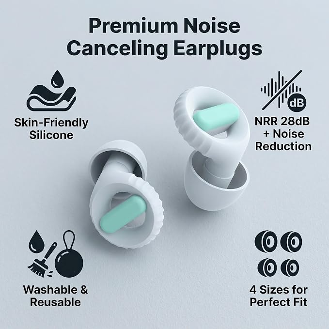 Ear Plugs for Noise Reduction – Reusable Silicone Earplugs with Filter Technology for Sleeping, Travel, Focus, Concerts & Motorcycling Ear Plug +8Tip (White-Green)