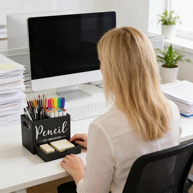 Pencil Pen Holder for Desk, Wooden Marker Holder with Drawer, 2 Slots Dual-Purpose Desk Organizers Art Supplies for Home, Office (Black)