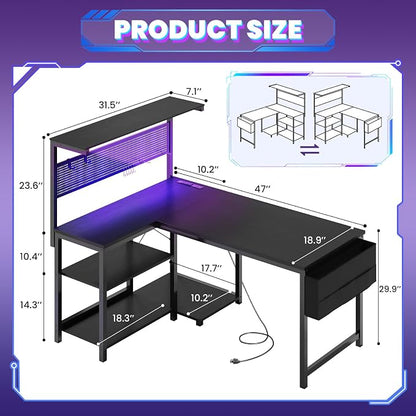 Apicizon L Shaped Desk Gaming Desk with LED Light & Power Outlet, 47 Inch Reversible Computer Desk with Pegboard & Shelf & Storage Bag for Home Office, Black