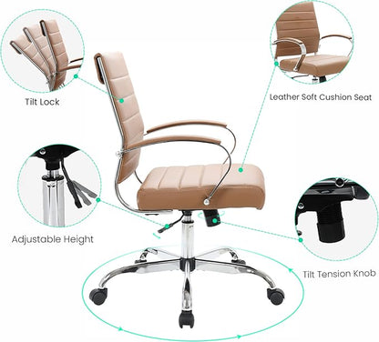 LeisureMod Benmar Leather Office Desk Chair, Mid-Back Ergonomic Swivel Chair with Lumbar Support, Adjustable Height, Tilt Lock, Cushioned Seat & Back, Home Office Task Chair (Brown, Single)