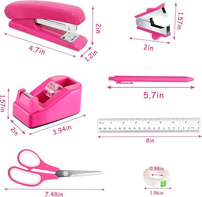 Dimonluce Hot Pink Desk Accessories, Hot Pink Office Supplies Accessories with Tape Dispenser, Stapler, Staple Remover, 1000 Staples, Tape, Clips Set, Ruler, Scissor, Pen