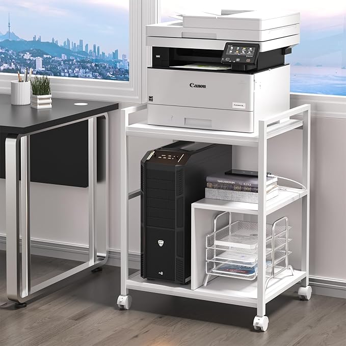 Lerliuo Printer Stand with Charging Station and USB Ports, Large 3-Tier Mobile Printer Table with Storage Shelf, White Rolling Industrial Printer Cart with Lockable Wheels for Home Office