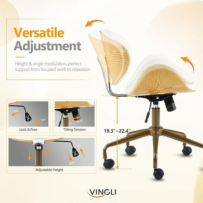 VINGLI Wide Comfotable Swivel Home Office Chair with Wood-Grain Curved Shell,Ergomomic Mid-Back Padded Armless Rolling Desk Chair with Wheels,Height Adjustable for Computer,Task,Work,PU Leather,White