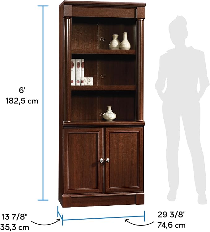 Sauder Palladia Book Shelf, Bookshelf with Storage, Library Bookcase with Doors and Adjustable Shelves, in Select Cherry finish