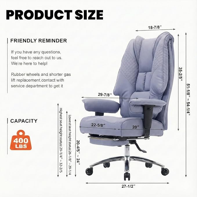 EXCEBET Big and Tall Office Chair 400lbs Wide Seat, Leather High Back Executive Office Chair with Foot Rest, Ergonomic Chairs Lumbar Support for Lower Back Pain Relief (Light Purple)